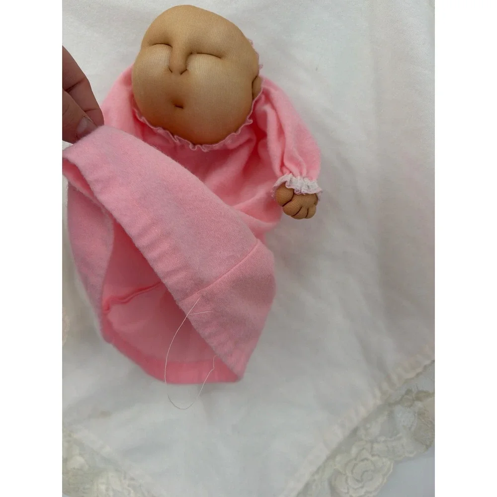Vintage Soft Sculpture Sleeping Baby Hand Puppet Pink Fleece Lace Handkerchief